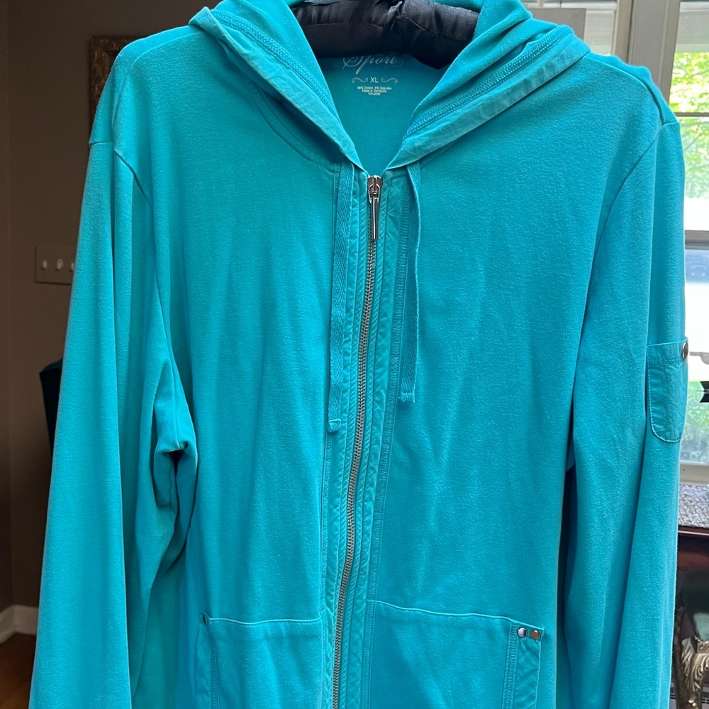Macy’s Style & Co Sport turquoise cotton/spandex hoodie jacket.❣️